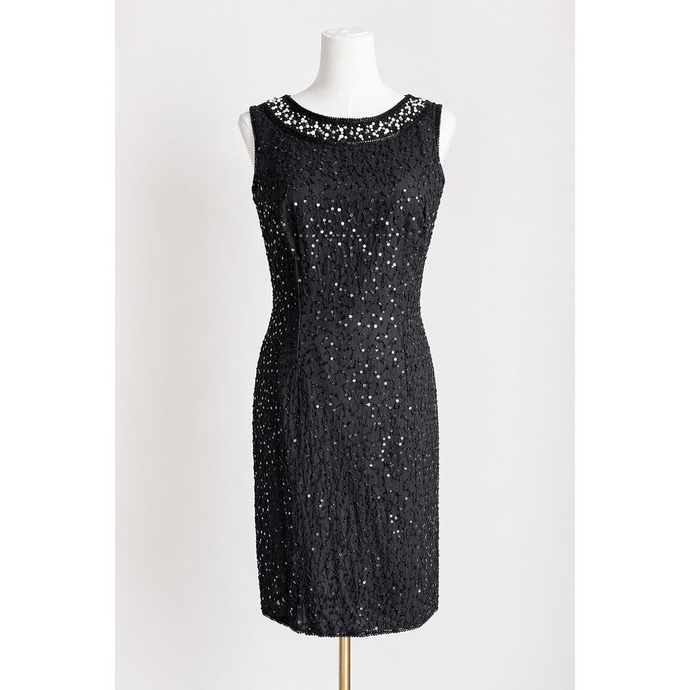VTG 90s Silk Beaded Dress M LBD Cocktail Sheath Embellished Formal - Picture 2 of 14